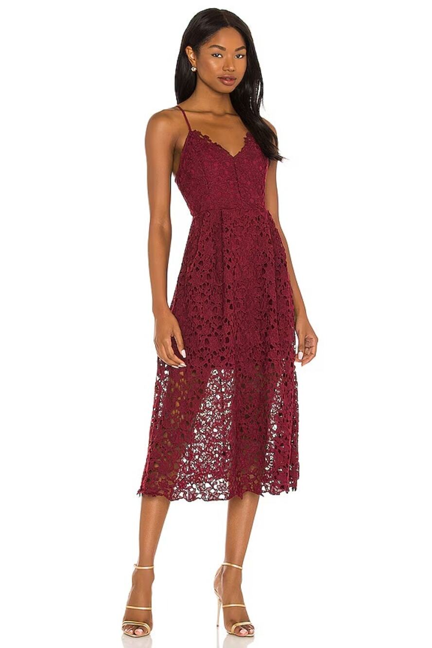 ASTR the Label Sleeveless V-Neck Lace A-Line Midi Dress Wine Women's Size Medium